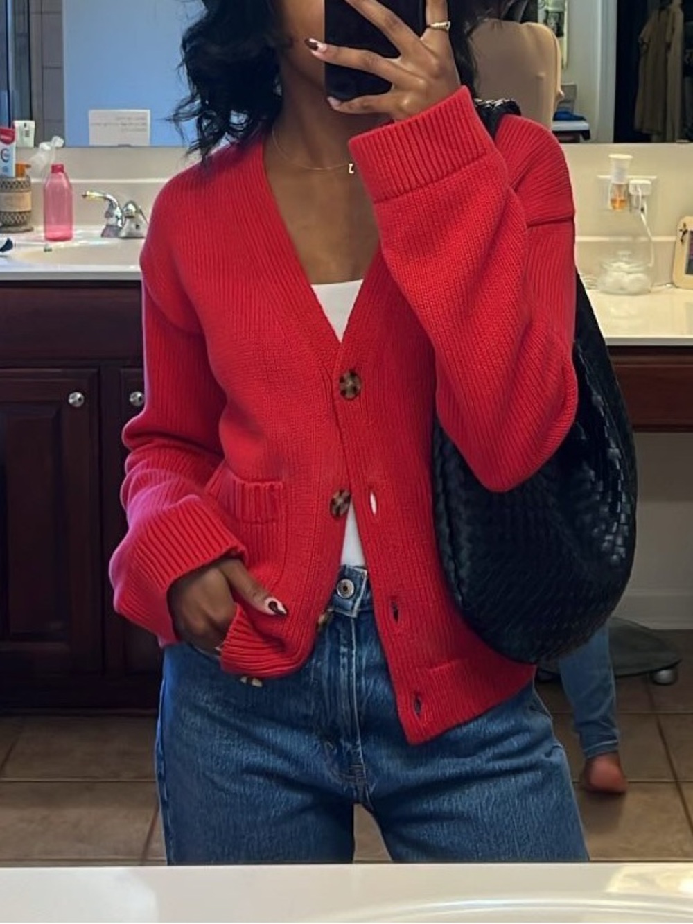 Red Gap Pocket Cardigan Sweater